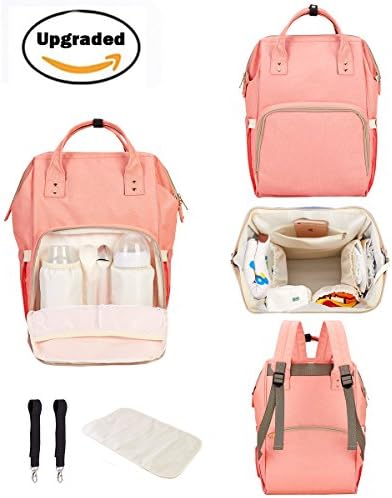 Bornran Diaper Bag Backpack-Waterproof Multi-functional Nappy Bags-Maternity Mom Travel Backpack for Baby Care, Stylish and Durable, with Two Stroller Straps and One Changing pad (Pink Orange)