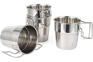 Stainless Steel Camping Mugs, 4pcs Camping Coffee Cup with Foldable Handle, 300ml Stackable Metal Cups for Backpacking Hiking