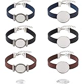 FASHEWELRY 14Pcs PU Leather Cord Bracelet Bezel Tray Blank Flat Round Cabochon Settings Bezel Tray Watch Bands Base Tray Bracelet Blanks with Glass Cabochons for Jewelry Making