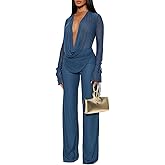 YOUFE Women's Sexy 2 Piece Outfits Mesh See Through Deep V Neck Top and Long Pants Set Going Out Club Outfit