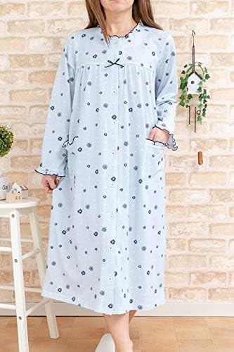 Amazon ケーズアイ 綿100 ニット地ワンピース 長袖 前開き ストライプマーガレット 女性用ナイトウェア M L ブルー ワンピース チュニック 通販