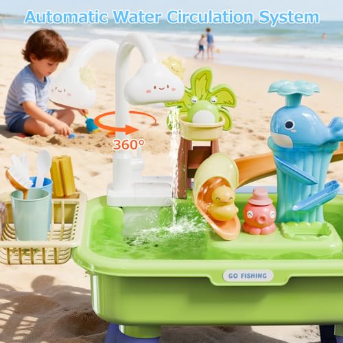 Sand and Water Table for Toddlers 1-3 - 22 Pcs Outdoor Water Play with Automatic Pump, Fishing & Kitchen Sink, 4L Large Capacity Sensory Bin, Summer Outdoor Toys for Kids Ages 1-3, Spring Green