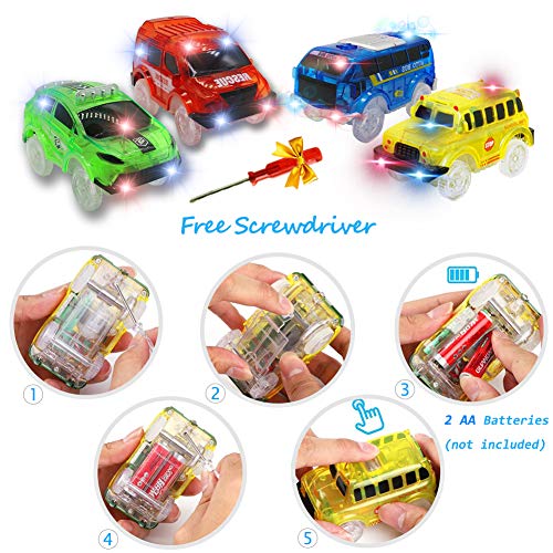 WenSha Track Cars, Toy Cars for Magic Tracks Glow in The Dark,Compatible with Most Tracks Light Up Replacement Car Toys, Glow in The Dark Car Tracks Accessories with 5 Flashing LED Lights, ( 4 Pack ) - Thumbnail 2