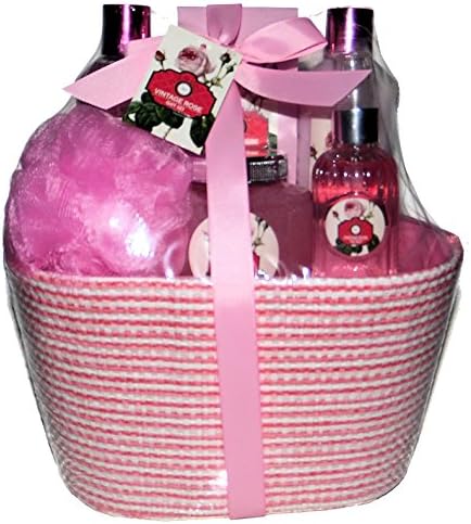 Opaline Luxury Vintage Rose Bath Spa Gift Set - Shower Gel, Body Lotion, Body Scrub, Bath Salt, Body Essense and Bath Puff, in a Lined Woven Basket