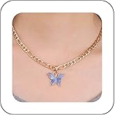 Andelaisi Boho Blue Resin Butterfly Necklace Vintage Butterfly Pendant Necklace Blue Butterfly Choker Necklace Adjustable Butterfly Figaro Chain Necklace Jewelry for Women