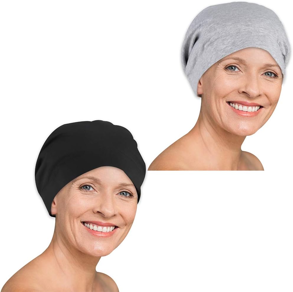 Chenkaiyang 2 Pack Sleeping Cap Silk Stain Lined Hair Cap Inner 19MM 100% Mulberry Silk Outer Bamboo Viscose Nature Breathable（Black/Grey）