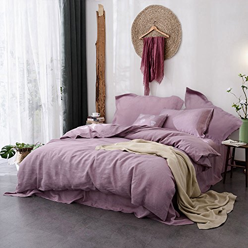 Lausonhouse Pure Linen Duvet Cover Set, 100% French Linen Duvet Cover with 2 Pillowshams, Luxurious Bedding Set - King - Mauve