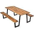 Giantex Picnic Table Bench Set for 6 or 8, 70.5" Acacia Wood Outdoor Dining Table Set, 2" Umbrella Hole, 1600 LBS Capacity, Heavy Duty Metal Frame, Large Beer Table for Patio Lawn Garden, Patented
