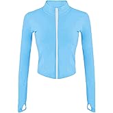 Fenclushy Womens Cropped Slim Athletic Yoga Workout Track Sports Zip Up Jacket with Thumb Holes