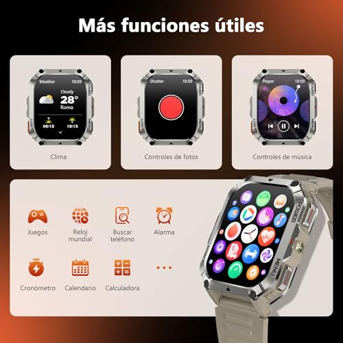 Blackview Reloj Inteligente Hombre Militar - Linterna y Brújula, 2.01"Smartwatch Hombre con 100+ Modos Deportivos, Llamadas Bluetooth/Notificación, Pulsómetro/Oxímetro/Sueño, Pulsera Actividad, Caqui