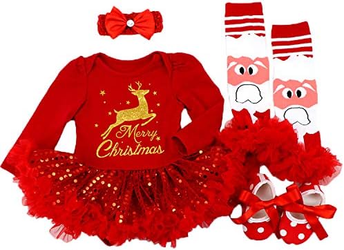 BABYPREG Baby Girls My 1st Christmas Santa Costume Party Dress 4PCS