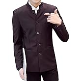 Men's Chinese Tunic Suits Mandarin Collar Formal Jacket Slim Fit Front Button Blazer Traditional Uniform Groom Dress (Wine Red, L)