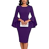 Church Dress for Women Elegant Bodycon Ruffle Bell Sleeves Knee Length Cocktail Party Wedding Work Vintage Pencil Dresses