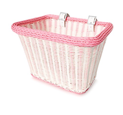 Colorbasket 00689 Rectangular Front Handle Bar Adult Bike Basket, All Weather, Water Resistant, Adjustable Leather Straps, Food-Contact Safe, White with Pink Trim