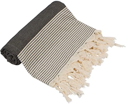 ATS STORE 2 COLOR FASHION STRIPED TURKISH TOWEL aka FOUTA %100 PREMIUM COTTON FAST DRYING MULTI PURPOSE BLANKET BEACH TOWEL (39" X 70") (BLACK)