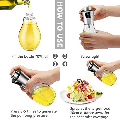 Olive Oil Sprayer for Cooking, 200ml Oil Sprayer Mister Refillable Oil and Vinegar Dispenser Bottle with Basting Brush,Bottle Brush and Oil Funnel for Cooking, Baking, BBQ, Salad, Air Fryer, Roasting