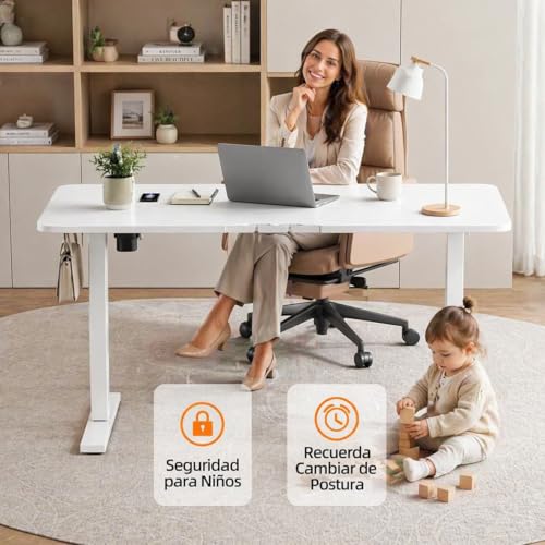 Elevable Eléctrico 160x60cm,Ajuste de Altura con Rueda,Escritorio de Pie para Oficina en Casa, con Memoria y Soporte Metálico en T (White, 160cm)