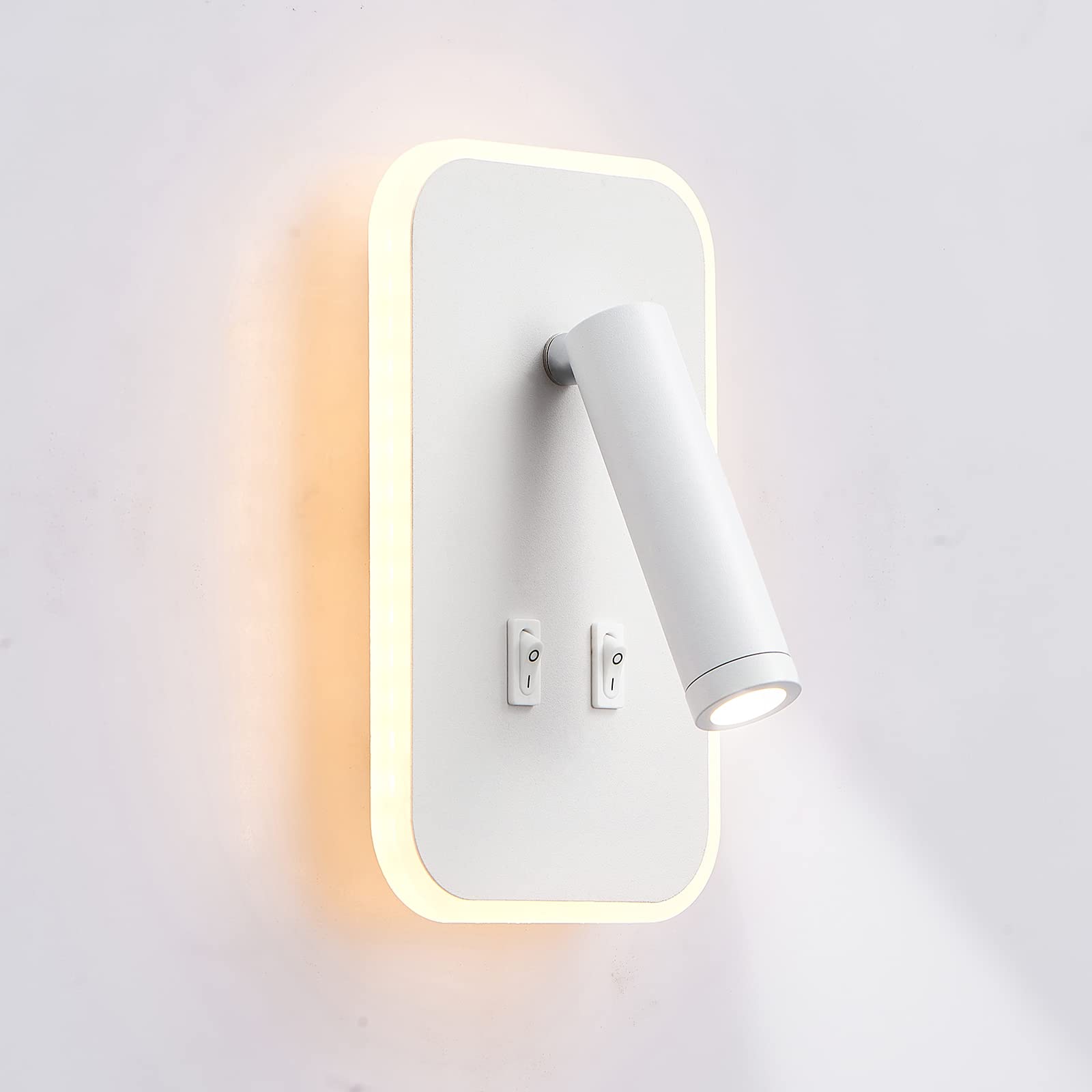 uksunvi LED Wall Mounted Lamp,Bedside Reading Wall Light,12W LED Wall Lamp, Adjustable Spotlight （3W +9W 3000K Warm Light） (White Rectangle)