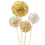 Cupcake Toppers 12-Pack Muffin Decoration Gold Circle Fan Flowers Toppers Fun Cake Topper Picks Mini Birthday Cake Decor for Baby Boys Girls Kids Birthday Party and Wedding Supplies