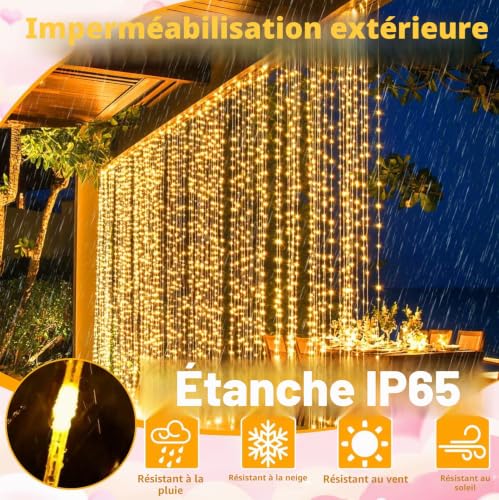 GCMacau 3 x 3 m 300 LED Christmas Light Curtain, String Lights 8 Modes Dimmable with Remote Control, Indoor Light Curtain, Garden, Christmas, Valentine's Day, Wedding, Christmas