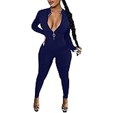 LAGSHIAN Women's Sexy Casual Long Sleeve V Neck Zipper One Piece Bodycon Jumpsuit