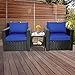 3-Piece Patio Wicker Conversation Furniture Set,Outdoor PE Rattan Single Chair Armchair Sofa and Side Table Furniture, Black/Royal Blue Cushion