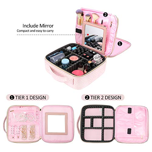 Makeup Bag Travel Cosmetic Bag Quilted Makeup Train Case for Women and Girls, with Jewelry Organizer and Mirror