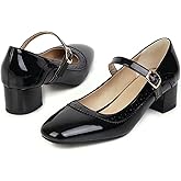 Hee grand Vintage Mary Jane Shoes Chunky Heels for Women Square Toe Adjustable Strap Pump PU Leather Brogue Work Heels Dress Shoes