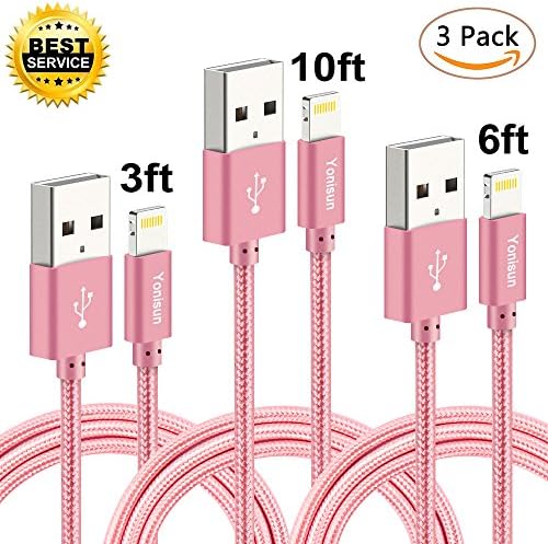 Yonisun Lightning Cable 3Pack 3ft 6ft 10ft Nylon Braided High Speed Charging USB Cable Cord for iPhone Charger 7/7 Plus/6/6s/6 Plus/6s Plus, iPhone5/5s/5c,iPad, iPod (Rose)