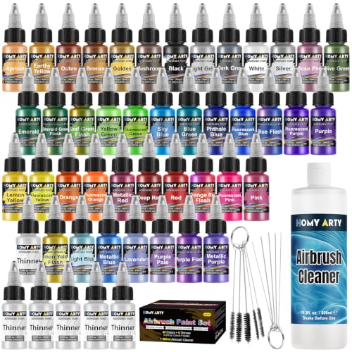 HOMY ARTY Airbrush Paint - 42 Colours with 6 Thinners and Cleaner 500ml with Brushes, Airbrush Ready Acrylic Paint for Metal, Plastic, Canvas, Wood, 20 ml/Bottle