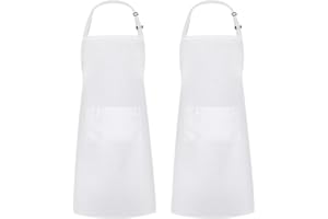 Syntus 2 Pack Adjustable Bib Apron Waterdrop Resistant with 2 Pockets Cooking Kitchen Aprons for BBQ Drawing, Women Men Chef, White