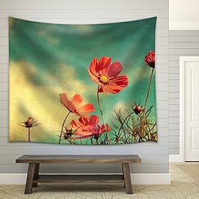 Vintage Cosmos Flower - Paper Art Texture, Nature Background - Fabric Wall Tapestry Home Decor - 51x60 inches