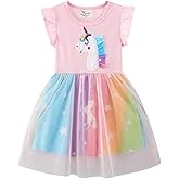 LEMONBABY Fashion Princess Girls Short Sleeve Glitter Unicorn MLP Rainbow Tulle Skirt Birthday Party Dress