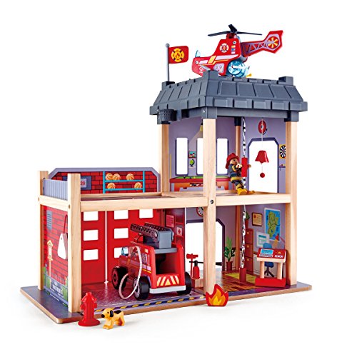 Hape Fire Station Playset -Fire Truck and Helicopter-Dollhouse Playset