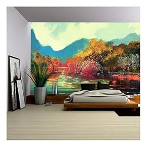 Illustration - Painting of Beautiful Autumn Forest,Illustration - Removable Wall Mural | Self-Adhesive Large Wallpaper - 66x96 inches