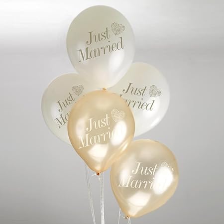 Luftballons mit der Aufschrift 'just married' & einem Herz in creme & gold - Inhalt 8 Ballons pro Packung - originelle Deko f