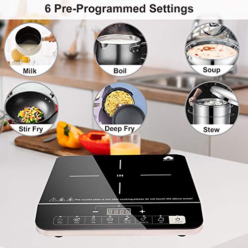 Easepot Electric Induction Cooker, 1800 Watt Touch Sensor Induction Cooktop with Safe System, Single Countertop Burner with 6 Pre-Programmed for Magnetic Cookwake
