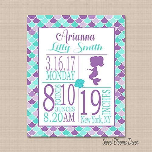 Mermaid Birth Print,Mermaid Birth Announcement,Mermaid Birthday Gift,Mermaid Nursery Decor,Purple Teal Mermaid Art 8X10 UNFRAMED PRINT(NOT CANVAS)