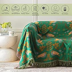 MSGKV Boho Throw Blanket Green Blanket 100% Cotton