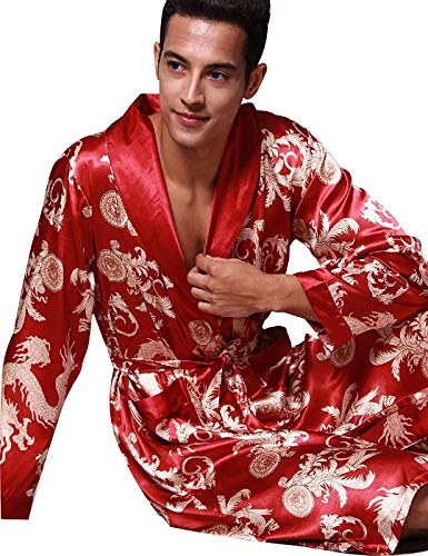 VERNASSA Mens Satin Robe Silk Long Sleeve Kimono Bathrobe Sleepwear Loungewear Burgundy