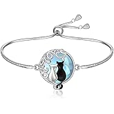 Fenthring Black Cat Bracelet Moonstone Cat Bracelets for Women Filigree Sterling Silver Cats Lover Halloween Gifts
