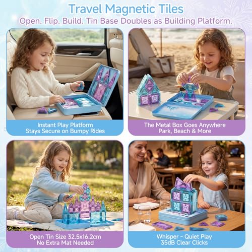 burgkidz Magnetic Building Blocks Travel Toy for Girls, 42 Pieces Ice Princess Magnetic Tiles in Metal Box - 60 Minutes Quiet 30s Tidy Up - Car Train Plane Gift 3 4 5 6 7 8 Years
