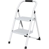 2 Step Ladder for Kitchen Step Stool, Lightweight Folding Step Stool with Curved Safety Handrail, Auto-Lock Mechanism &amp; Non-Slip Wide Pedals, Slim 2 Step Ladder Foldable for Home Indoor（White）