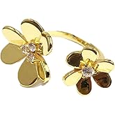 u/b Glossy Thicken Double Clover Ring Women 18k Gold Plating Luxury Jewelry Shine Cubic Zirconia Adjustable Rings Fashion Jewelry