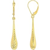 14k Yellow Gold Textured Teardrop Dangle Drop Earrings, 6mm