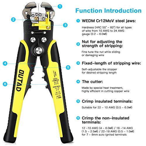 OUTAD Wire Strippers, Self-Adjusting Insulation Stripper Wire, For AWG 10-24, Automatic Wire Stripping Tool Cutting Pliers Tool, 1 Piece