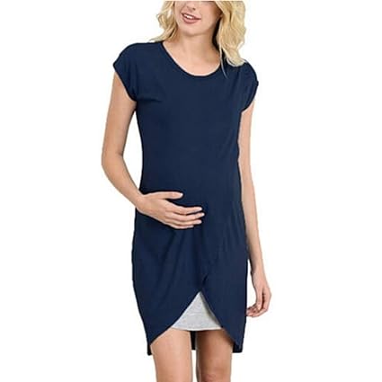 Amoyl Damen Mama Stillkleid Sommer Kurzarm Doppelschichten Wickeln Top T Shirt Kleider Stillen Nachthemd