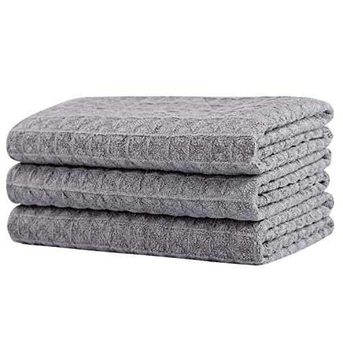 Lifaith Microfiber Thick Waffle Weave Kitchen Towels Dish Cloth 3 Pack 16inch X 19inch (Gray)
