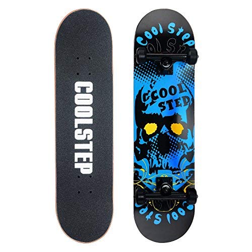 Coolstep Pro Skateboard 8-inch Full Complete for Trick Beginners, Cool Design (Blue)