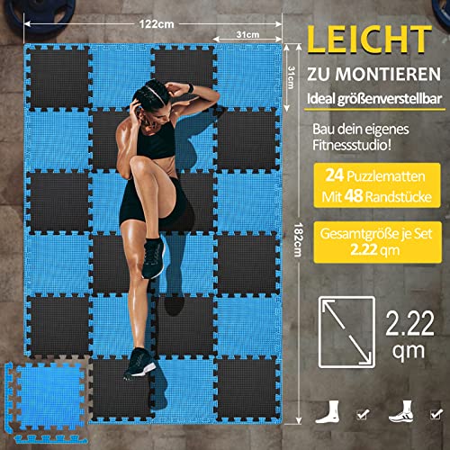 Floor Protection Mat Fitness Set [31 x 31 cm] - 24 Puzzle Mats - EVA Sports Mat Fitness Mat Non-Slip Floor Mat for Gym & Fitness Equipment Fall Protection Mats Outdoor & Pool Underlay Mat, Blue
